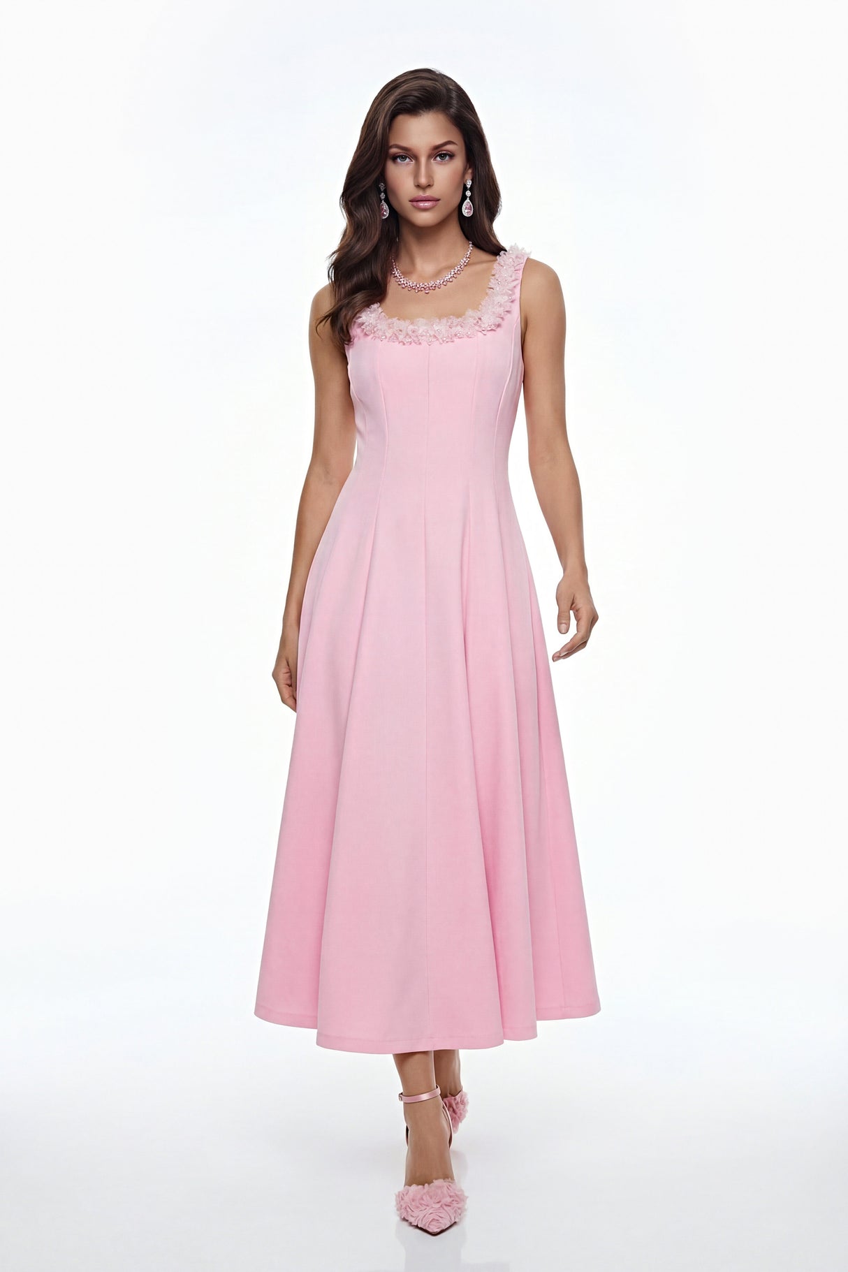 Aurohaya Zinnia Pink Pleated Midi Dress with 3D Petals