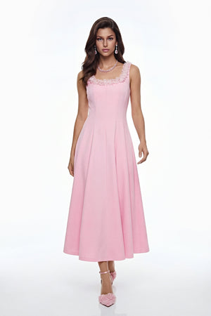 Aurohaya Zinnia Pink Pleated Midi Dress with 3D Petals