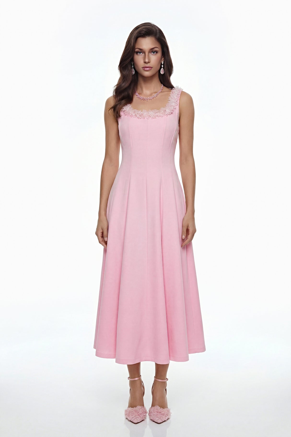 Aurohaya Zinnia Pink Pleated Midi Dress with 3D Petals