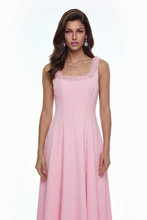 Aurohaya Zinnia Pink Pleated Midi Dress with 3D Petals