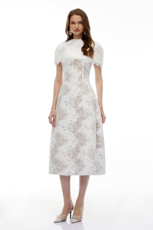 Aurohaya Zohar White Floral Lace Midi Dress with Cape