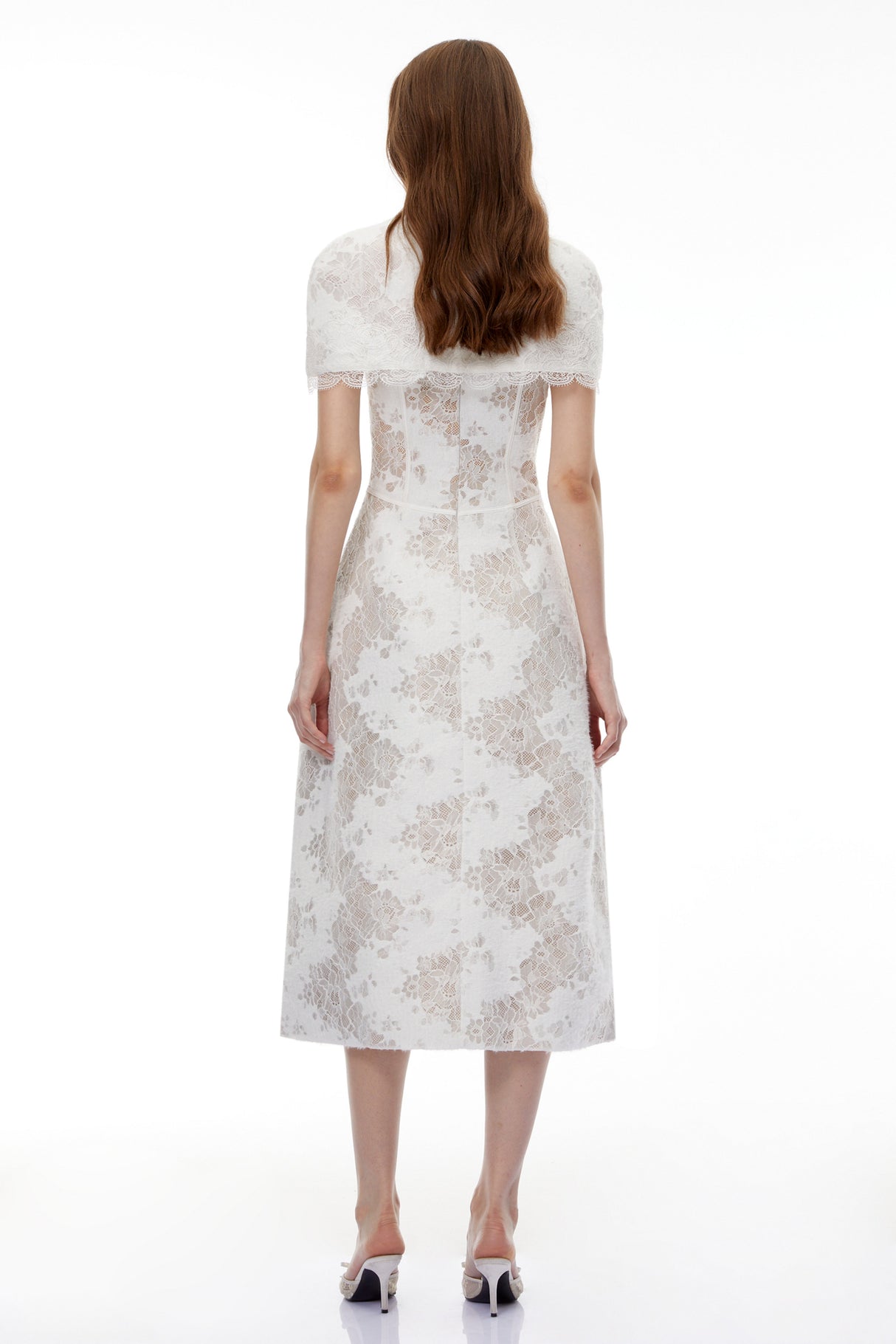 Aurohaya Zohar White Floral Lace Midi Dress with Cape