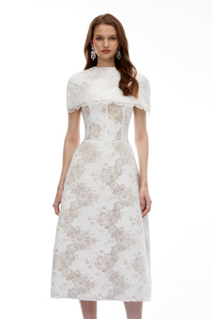 Aurohaya Zohar White Floral Lace Midi Dress with Cape