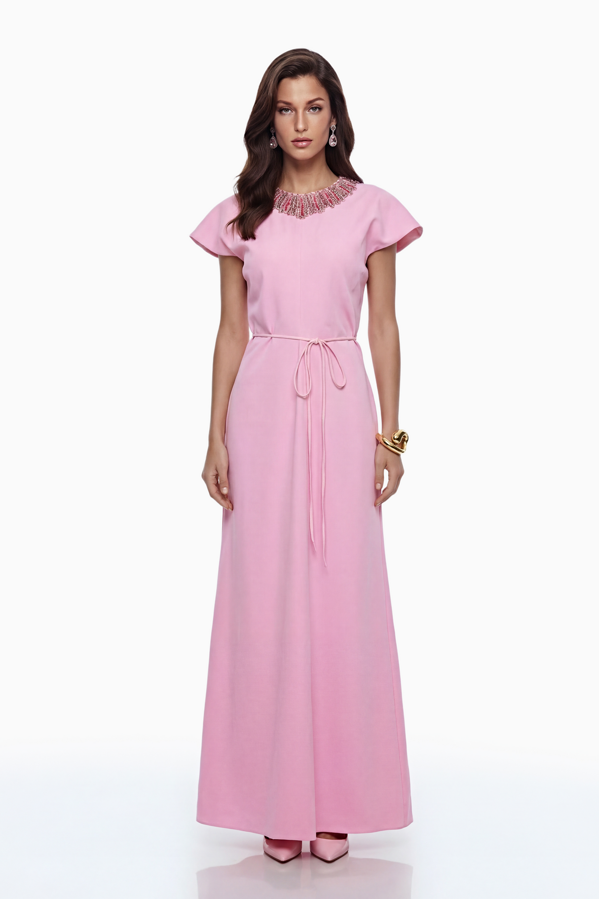 Aurohaya Zoraya Pink Crystal Embellished Maxi Dress
