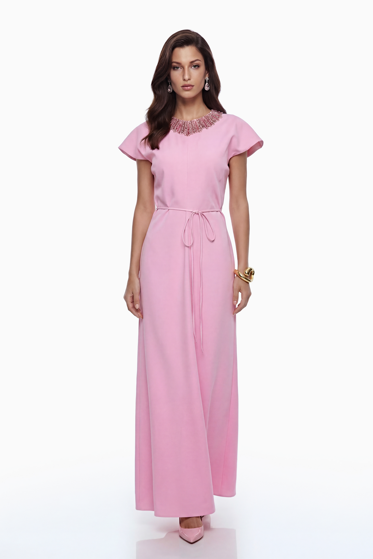 Aurohaya Zoraya Pink Crystal Embellished Maxi Dress