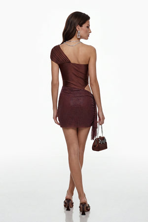 Aurohaya Zorya Brown One Shoulder Cut-Out Mini Dress