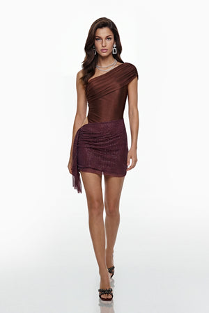 Aurohaya Zorya Brown One Shoulder Cut-Out Mini Dress