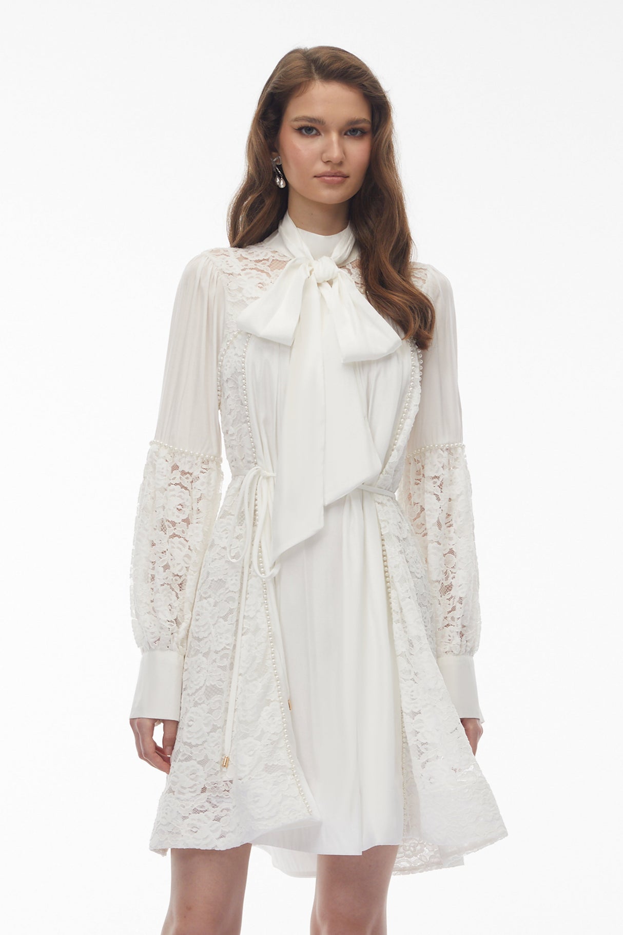 Aurohaya Zosime White Mini Dress with Floral Lace Panels