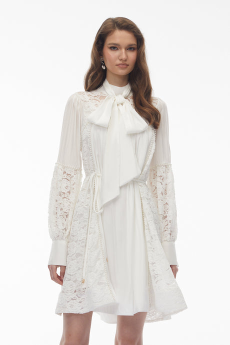 Aurohaya Zosime White Mini Dress with Floral Lace Panels