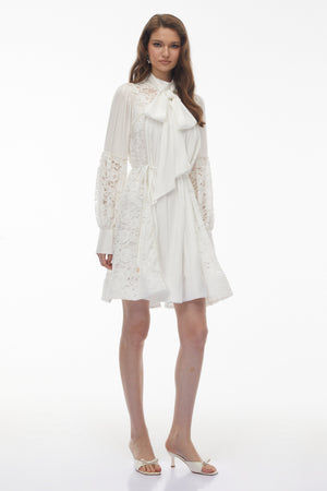 Aurohaya Zosime White Mini Dress with Floral Lace Panels