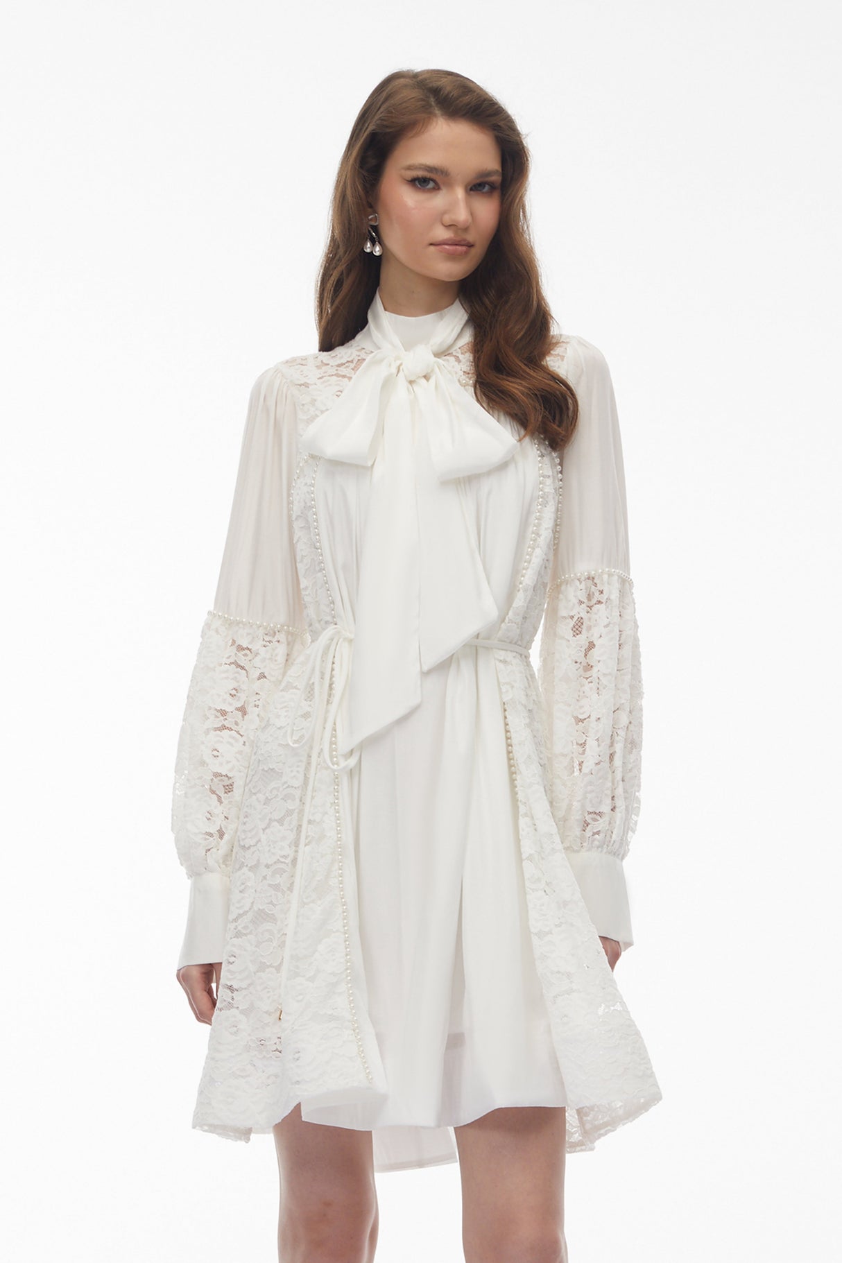 Aurohaya Zosime White Mini Dress with Floral Lace Panels