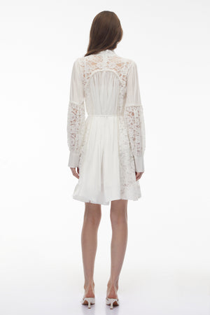 Aurohaya Zosime White Mini Dress with Floral Lace Panels