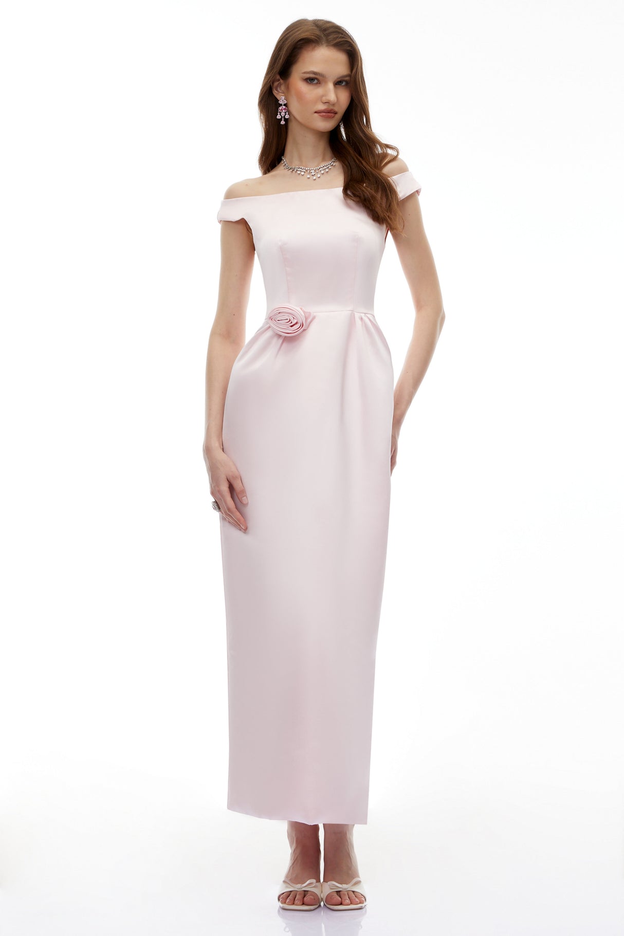 Aurohaya Zubayda Pink Off Shoulder Maxi Dress with 3D Petals