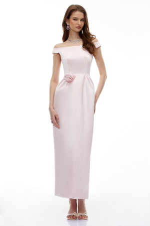 Aurohaya Zubayda Pink Off Shoulder Maxi Dress with 3D Petals