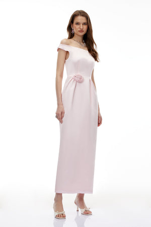 Aurohaya Zubayda Pink Off Shoulder Maxi Dress with 3D Petals