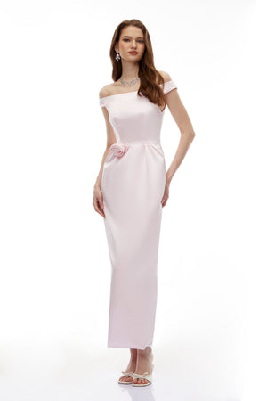 Aurohaya Zubayda Pink Off Shoulder Maxi Dress with 3D Petals