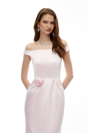 Aurohaya Zubayda Pink Off Shoulder Maxi Dress with 3D Petals