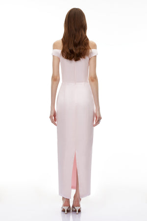 Aurohaya Zubayda Pink Off Shoulder Maxi Dress with 3D Petals