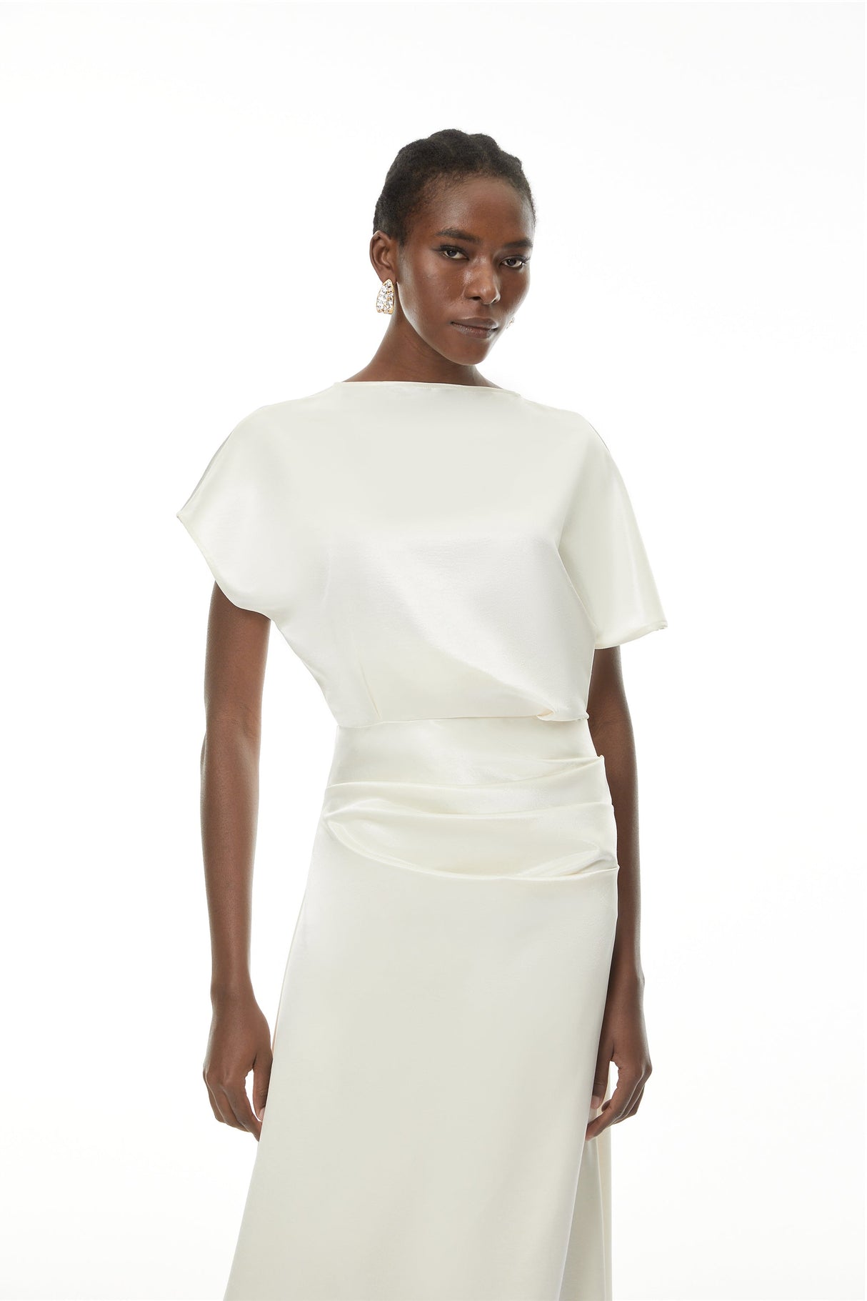 Aurohaya Zuzanna White Asymmetrical Glossy Maxi Dress