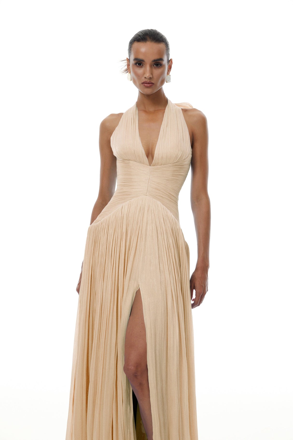 Aurohaya Térébenthine Neutral Glossy Gathered Maxi Dress