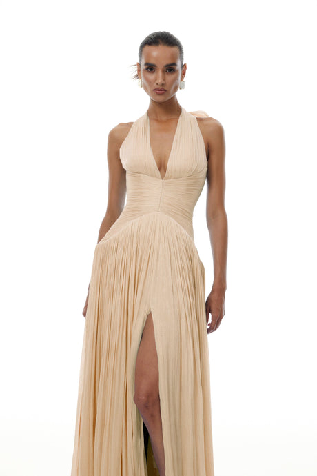 Aurohaya Térébenthine Neutral Glossy Gathered Maxi Dress