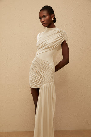 Aurohaya Fée Neutral Asymmetrical Ruched Mini Dress