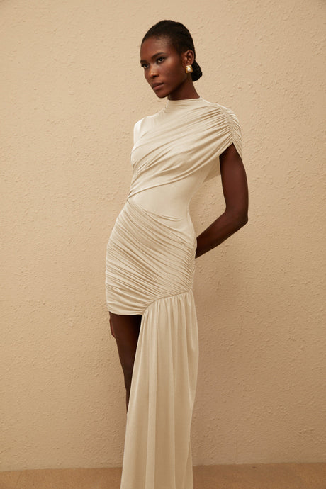 Aurohaya Fée Neutral Asymmetrical Ruched Mini Dress