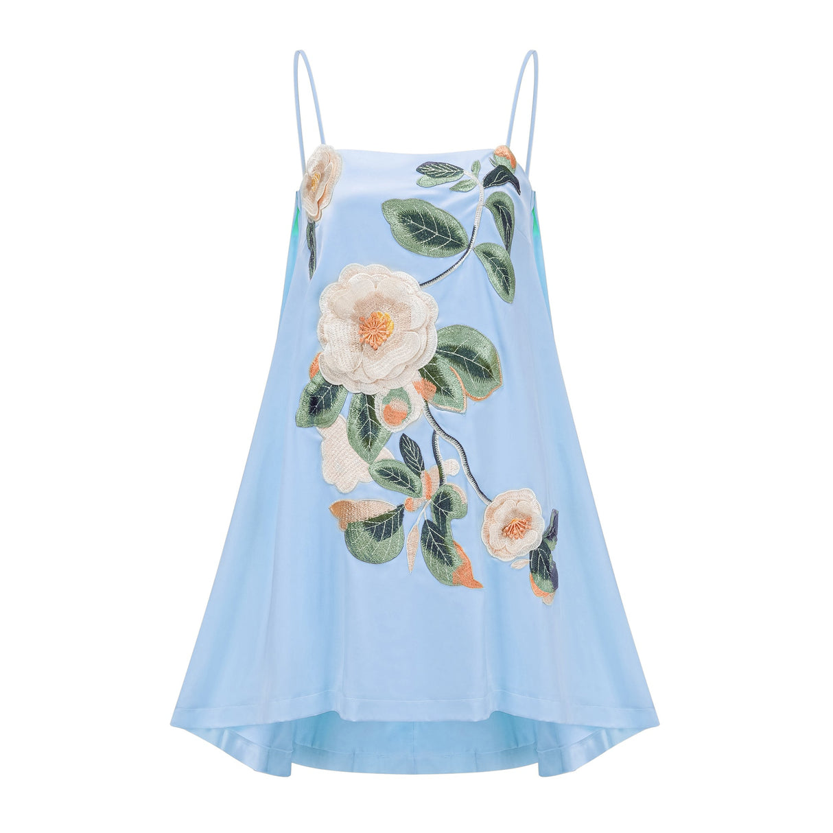 Aurohaya Avril Blue Floral Embroidered Satin Mini Dress