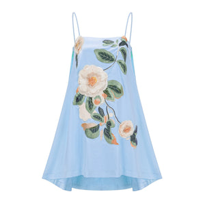 Aurohaya Avril Blue Floral Embroidered Satin Mini Dress