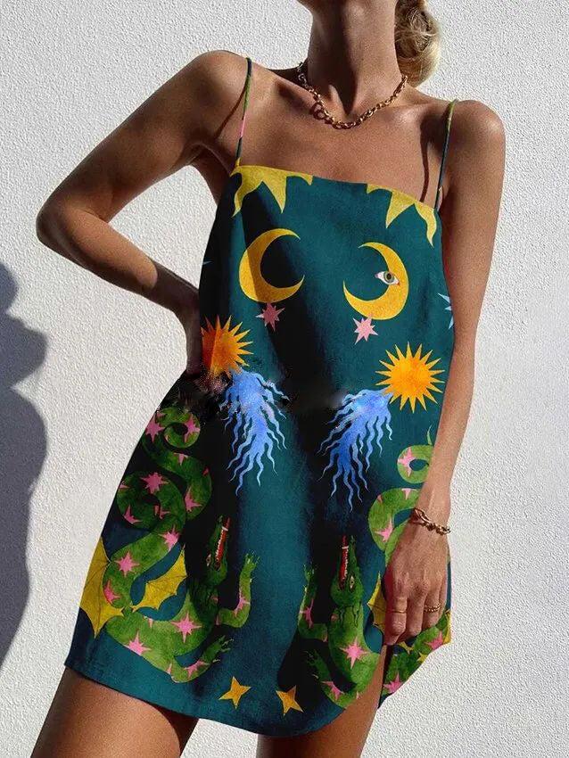 Aurohaya Unique Printed Spaghetti Strap Backless Mini Dress