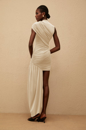 Aurohaya Fée Neutral Asymmetrical Ruched Mini Dress