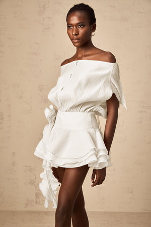 Aurohaya Amélie White Floral Appliqué Flounced Mini Dress