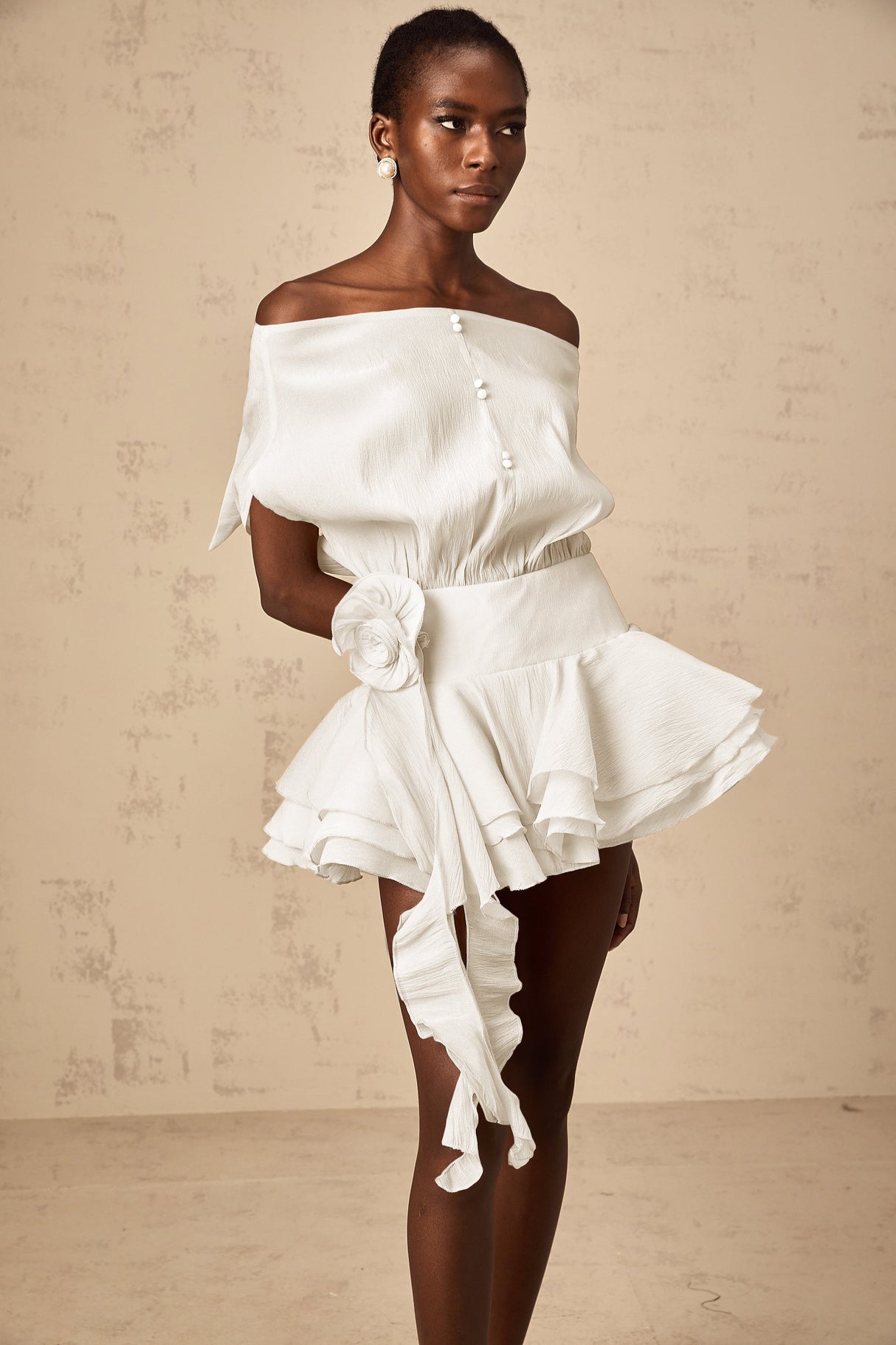 Aurohaya Amélie White Floral Appliqué Flounced Mini Dress