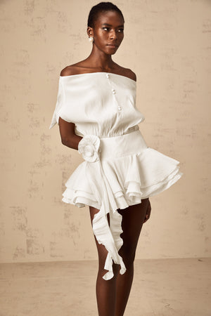 Aurohaya Amélie White Floral Appliqué Flounced Mini Dress