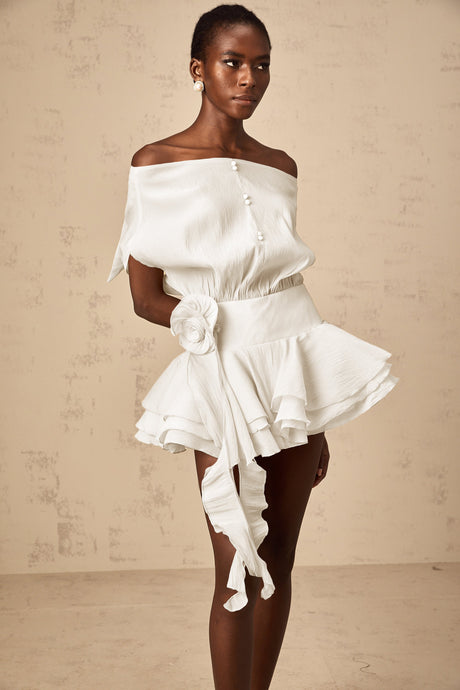 Aurohaya Amélie White Floral Appliqué Flounced Mini Dress
