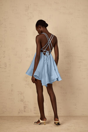 Aurohaya Quincie Blue Shirred Flounced Mini Dress