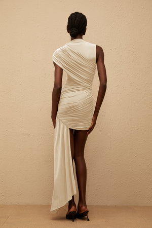 Aurohaya Fée Neutral Asymmetrical Ruched Mini Dress