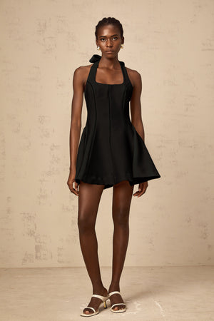 Aurohaya Quirine halterneck bow-detail mini dress in Black