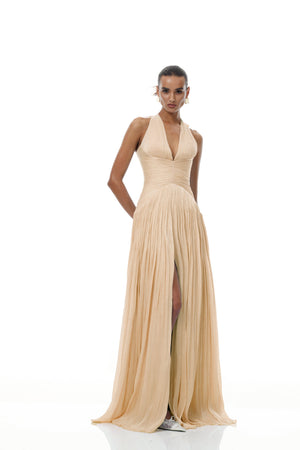 Aurohaya Térébenthine Neutral Glossy Gathered Maxi Dress