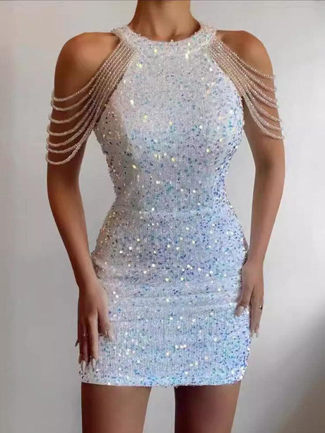 Aurohaya Elegant Crystal Chain Sequin Mini Dress White