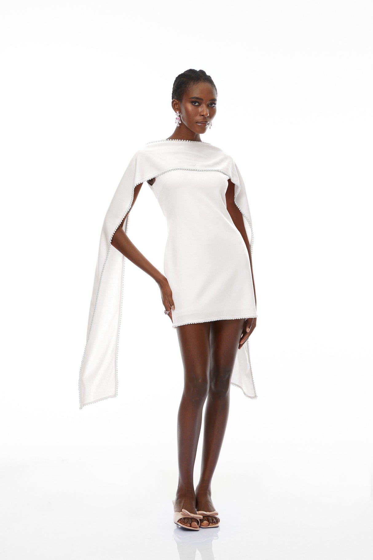 Aurohaya Piroska White Sleeveless Pearl Trim Mini Dress