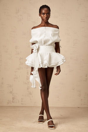 Aurohaya Amélie White Floral Appliqué Flounced Mini Dress