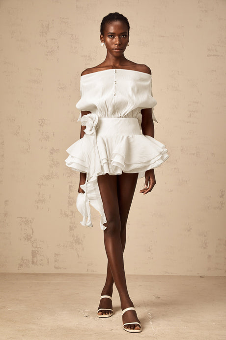 Aurohaya Amélie White Floral Appliqué Flounced Mini Dress
