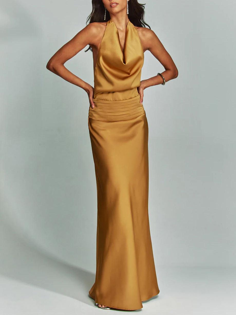 Aurohaya Elegant Chic Halter Neck Satin Party Maxi Dress
