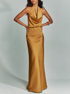 Aurohaya Elegant Chic Halter Neck Satin Party Maxi Dress