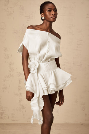Aurohaya Amélie White Floral Appliqué Flounced Mini Dress