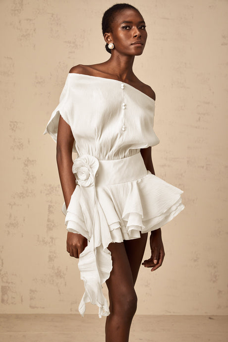 Aurohaya Amélie White Floral Appliqué Flounced Mini Dress