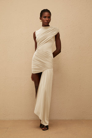 Aurohaya Fée Neutral Asymmetrical Ruched Mini Dress