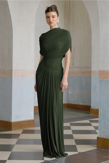 Aurohaya Catherine asymmetrical pleated maxi dress in Green