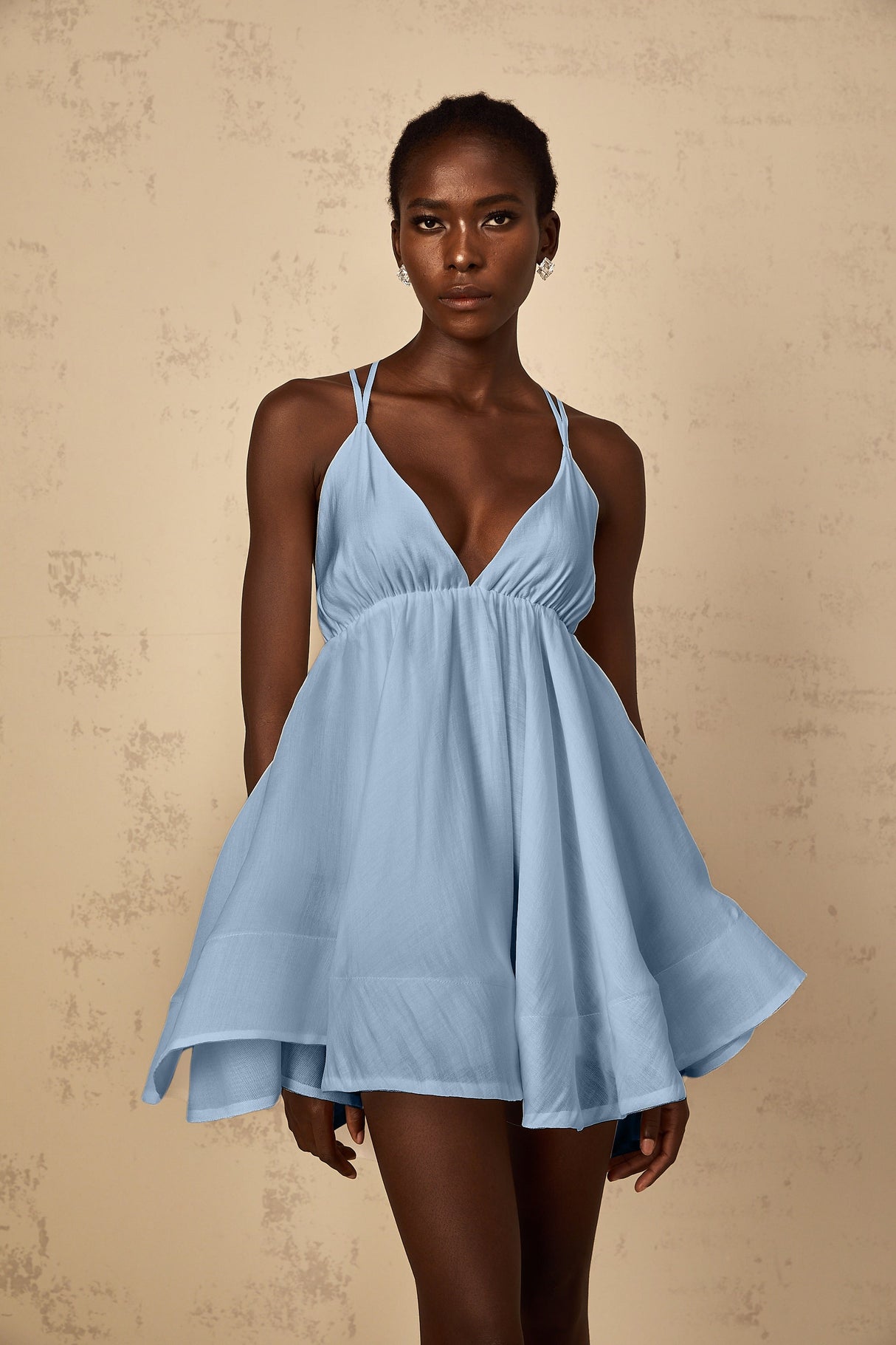 Aurohaya Quincie Blue Shirred Flounced Mini Dress